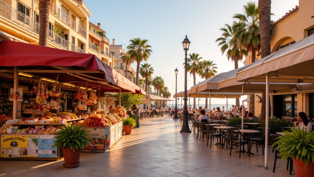 Golden-hour photograph of a colourful Andalusian market stall and a seaside cafe terrace at golden hour, a relaxed Costa del Sol lifestyle.