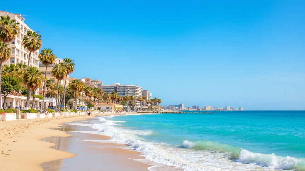 Golden-hour photograph of a bright sunny Costa del Sol coastline with a clear blue sky, palm trees and a calm turquoise sea.