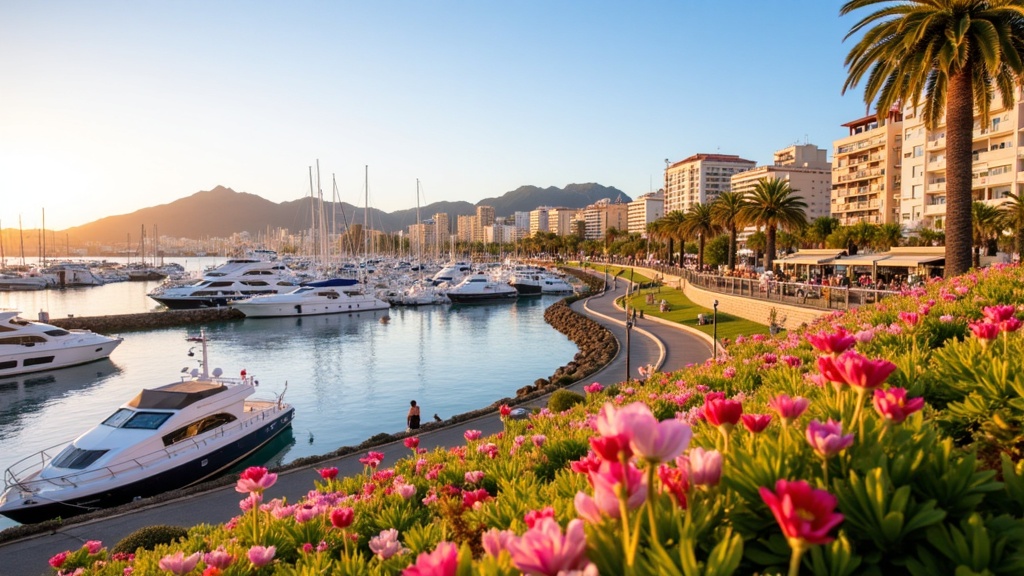 Golden-hour photograph of the Estepona marina and flower-filled old town with a palm-lined promenade on the Costa del Sol.