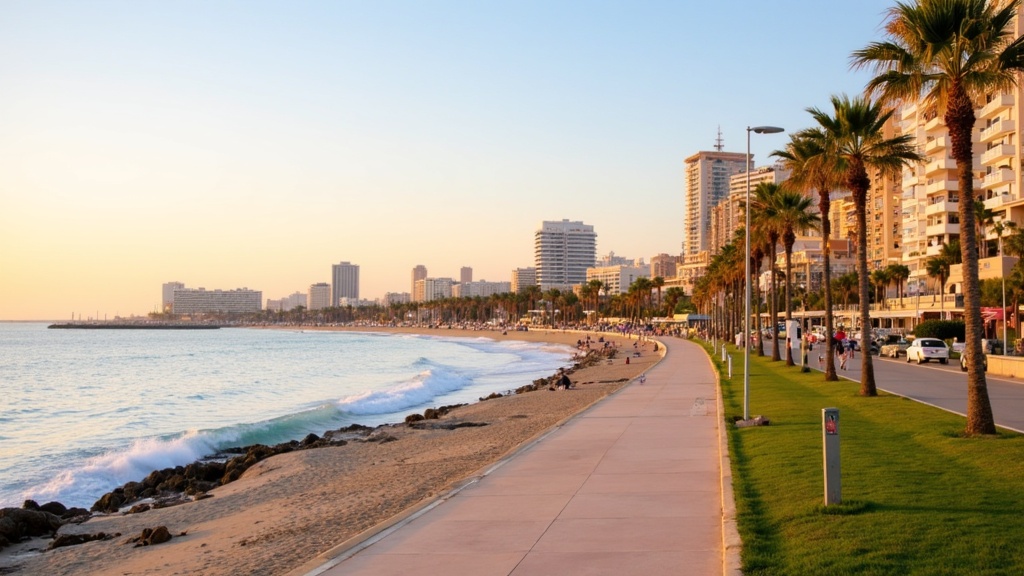 Golden-hour photograph of the long Fuengirola seafront promenade on the Costa del Sol, a family beach, palm trees and a calm Mediterranean sea.