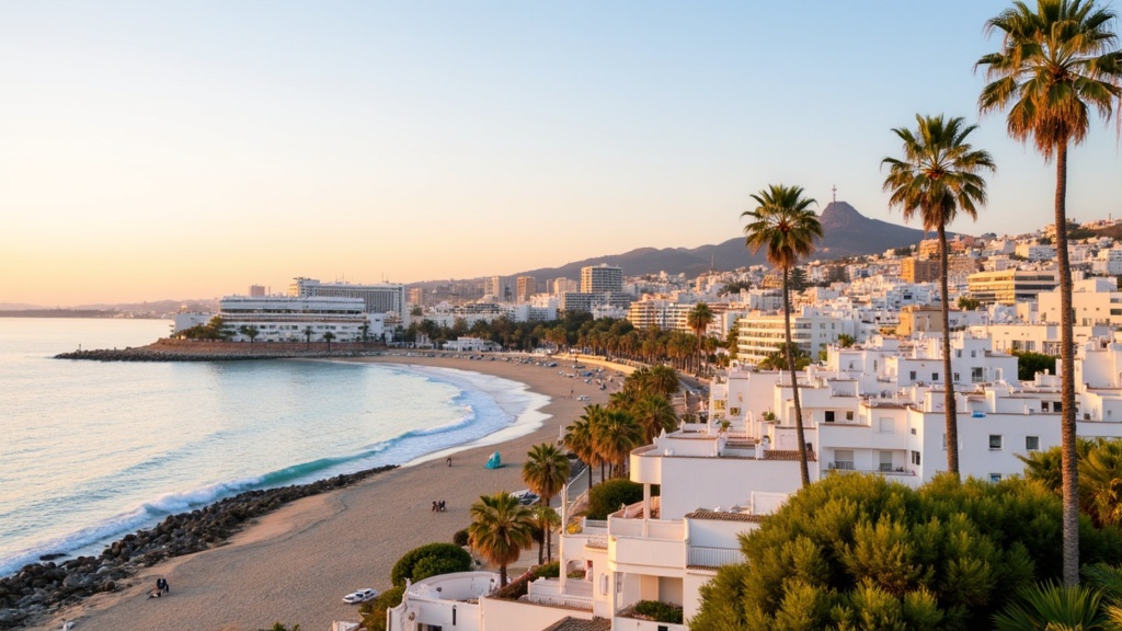 Golden-hour photograph of a Costa del Sol coastline with a white Mediterranean town, beach and palm trees.