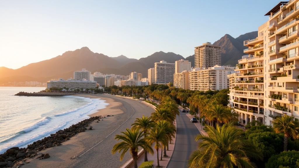 Golden-hour photograph of the Marbella Golden Mile coastline with La Concha mountain rising behind luxury low-rise buildings and a palm-lined boulevard.