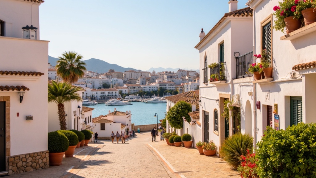 Golden-hour photograph of Estepona old town with whitewashed streets, flower pots and the marina on the Costa del Sol.