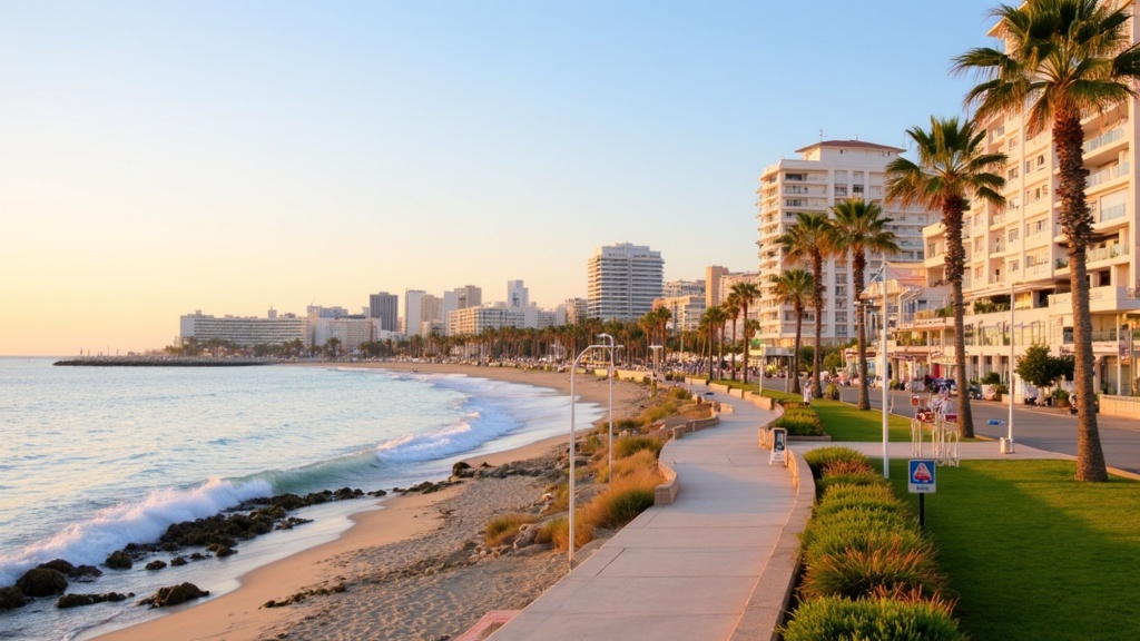 Golden-hour photograph of the regenerated Torremolinos seafront on the Costa del Sol, a modern beach promenade, low-rise white buildings and palm trees.