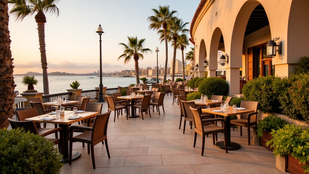 Golden-hour photograph of a relaxed seaside cafe terrace in Marbella at golden hour, an unhurried Mediterranean lifestyle.