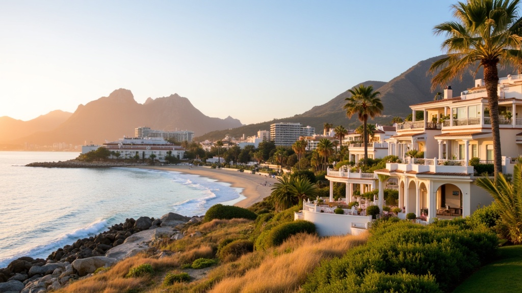 Golden-hour photograph of the luxury Marbella coastline with La Concha mountain, Golden Mile villas and palm trees.