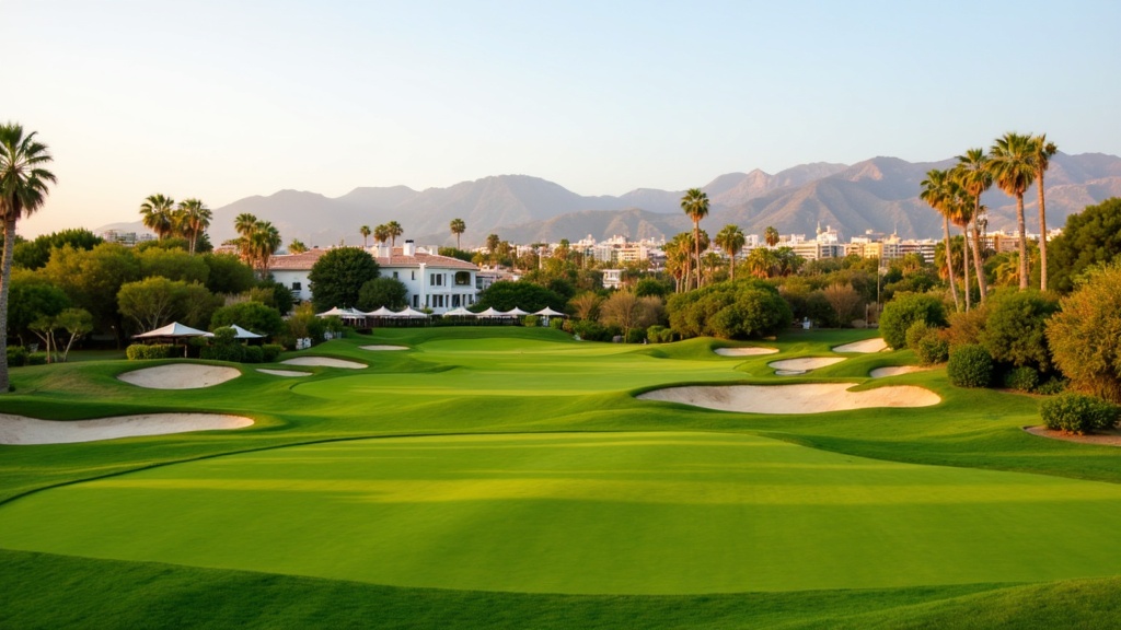 Golden-hour photograph of a manicured golf course green on the New Golden Mile near the Mediterranean, fairways, umbrella pines and mountains.