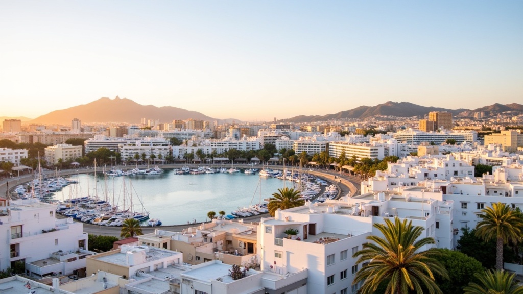 Golden-hour photograph of Puerto de la Duquesa marina in Manilva on the far-western Costa del Sol, white low-rise buildings and moored boats.