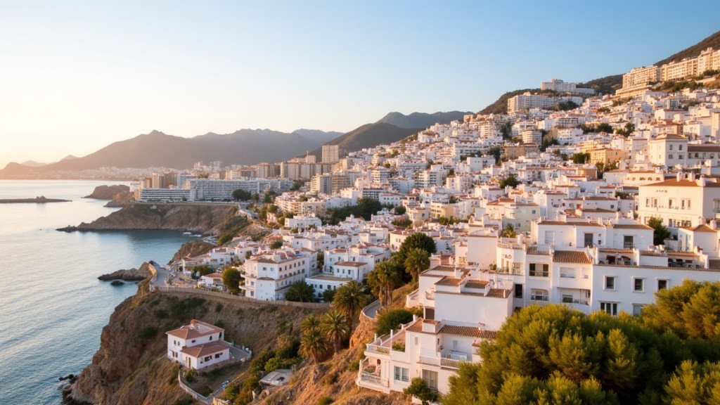 Golden-hour photograph of Nerja and the Axarquia coast, the Balcon de Europa viewpoint and a whitewashed town above cliffs and the sea.