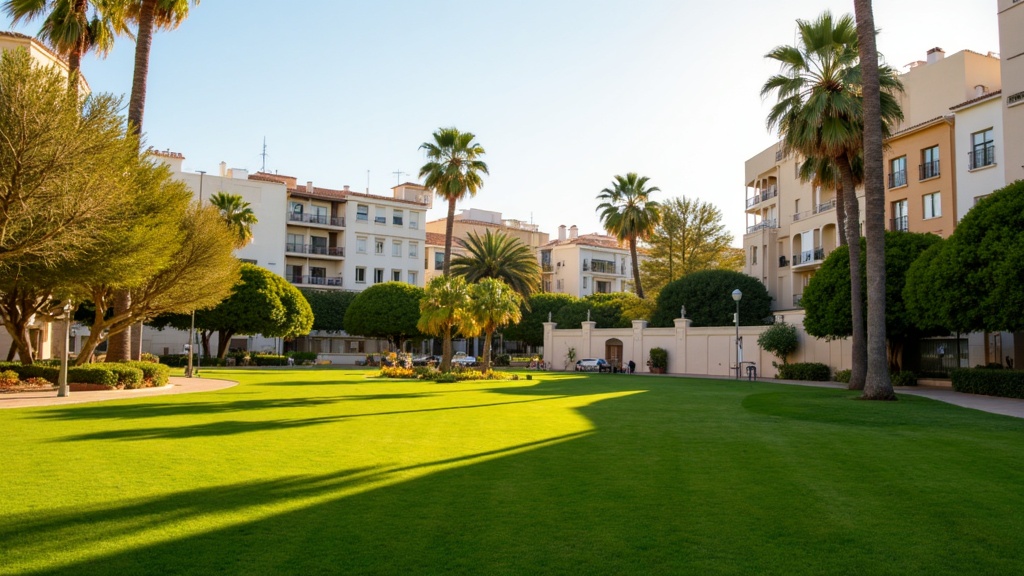 Golden-hour photograph of leafy green campus grounds with palm trees and modern low buildings seen from a distance under a sunny Mediterranean sky.