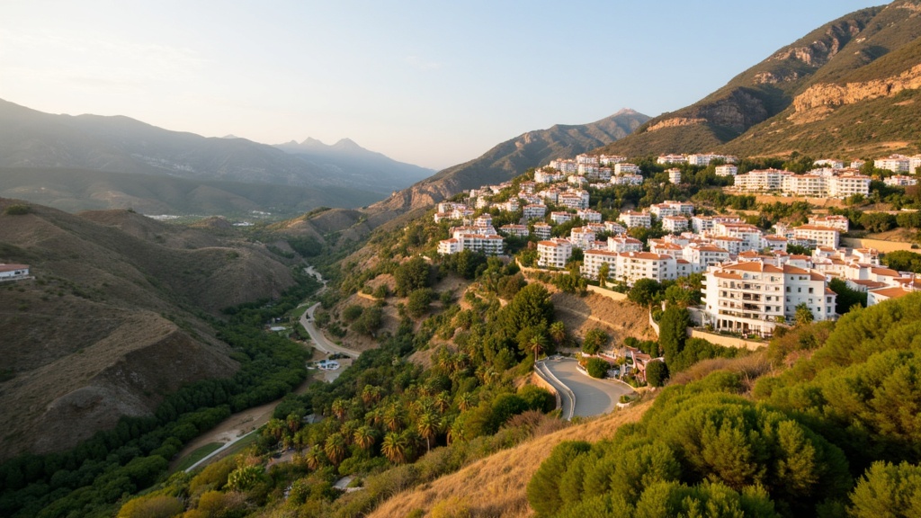 Golden-hour photograph of the green mountain valley and gorge of Benahavis inland from Marbella, umbrella pines and a whitewashed village.
