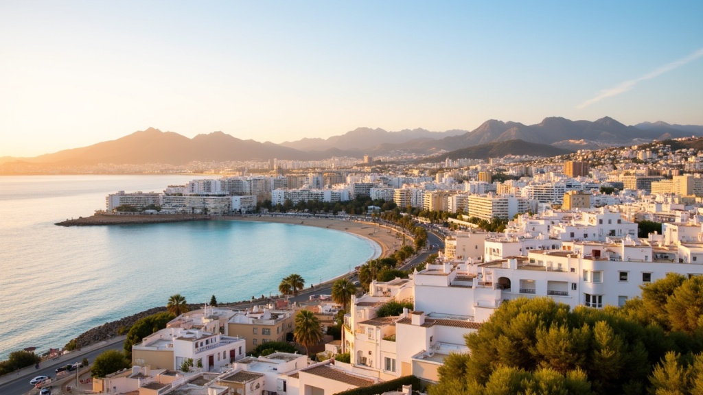 Golden-hour photograph of a panoramic Costa del Sol coastline with white Mediterranean towns and a turquoise sea at golden hour.