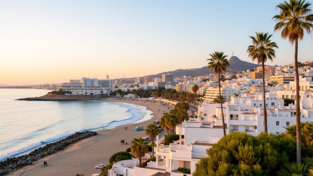 Golden-hour photograph of a Costa del Sol coastline with a white Mediterranean town, a beach and palm trees.