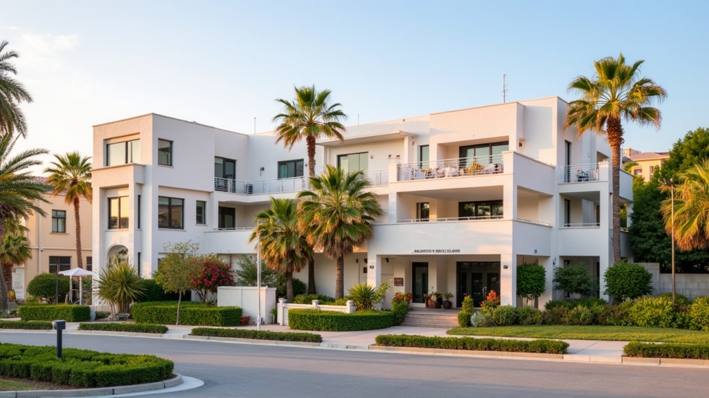Golden-hour photograph of a calm modern clinic building exterior with Mediterranean landscaping, palm trees and clean architecture under a bright sky.