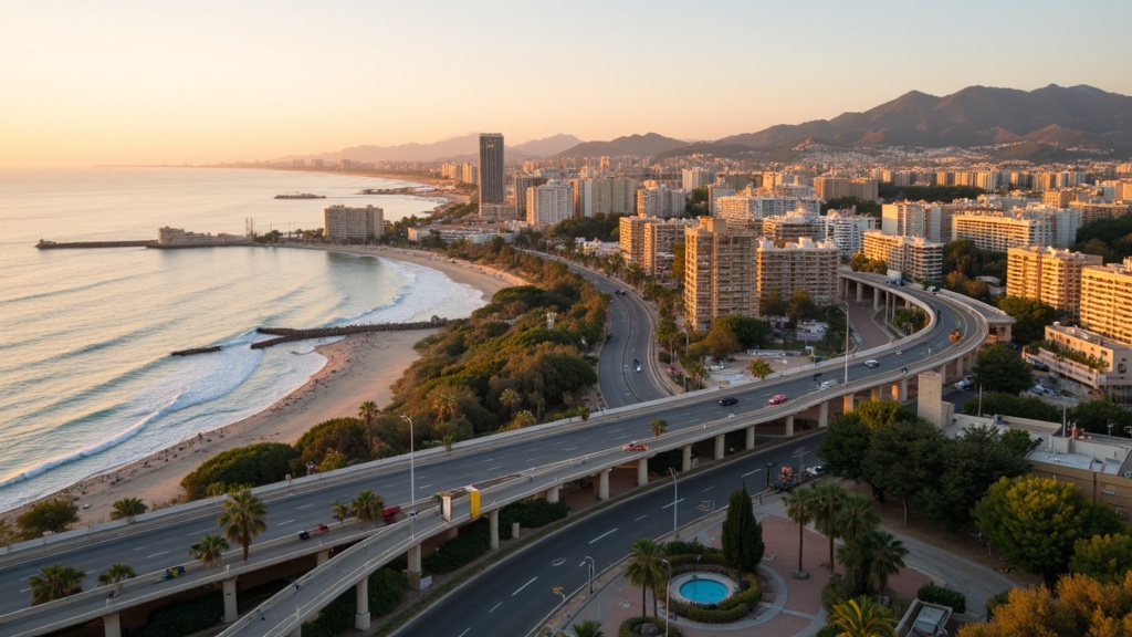 Golden-hour photograph of an aerial view of the Costa del Sol coastal motorway and Mediterranean coastline at golden hour, a sense of easy connectivity.