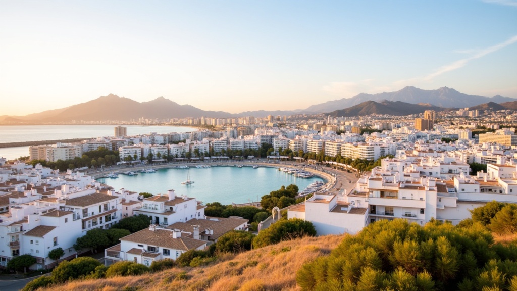 Golden-hour photograph of a Costa del Sol coastal panorama with white towns, a marina and the Mediterranean sea.