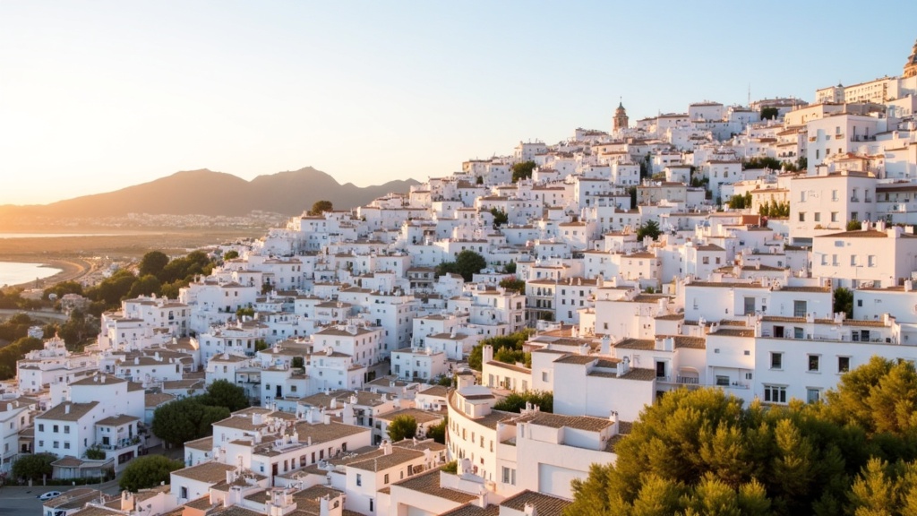 Golden-hour photograph of the white hilltop village of Casares overlooking the Mediterranean, a classic Andalusian pueblo blanco.