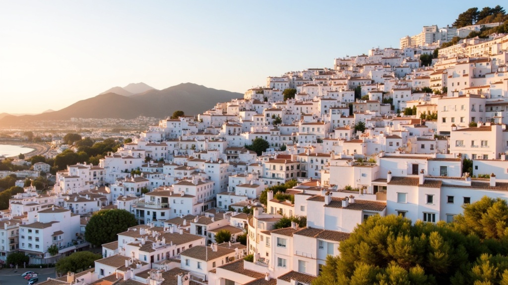 Golden-hour photograph of the whitewashed village of Mijas Pueblo on the mountainside overlooking the Costa del Sol coast.
