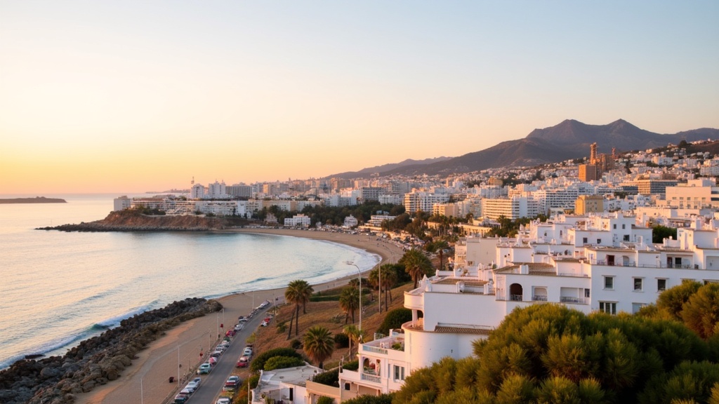 Golden-hour photograph of a Costa del Sol coastline with a white town and the Mediterranean sea at golden hour.