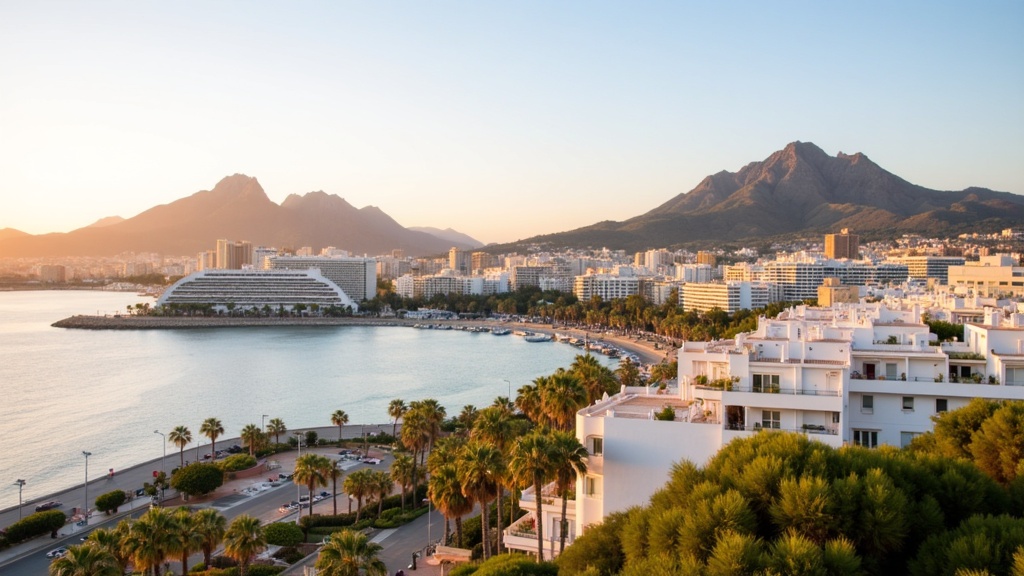 Golden-hour photograph of the Marbella coastline with La Concha mountain and marina, white low-rise buildings and palms.