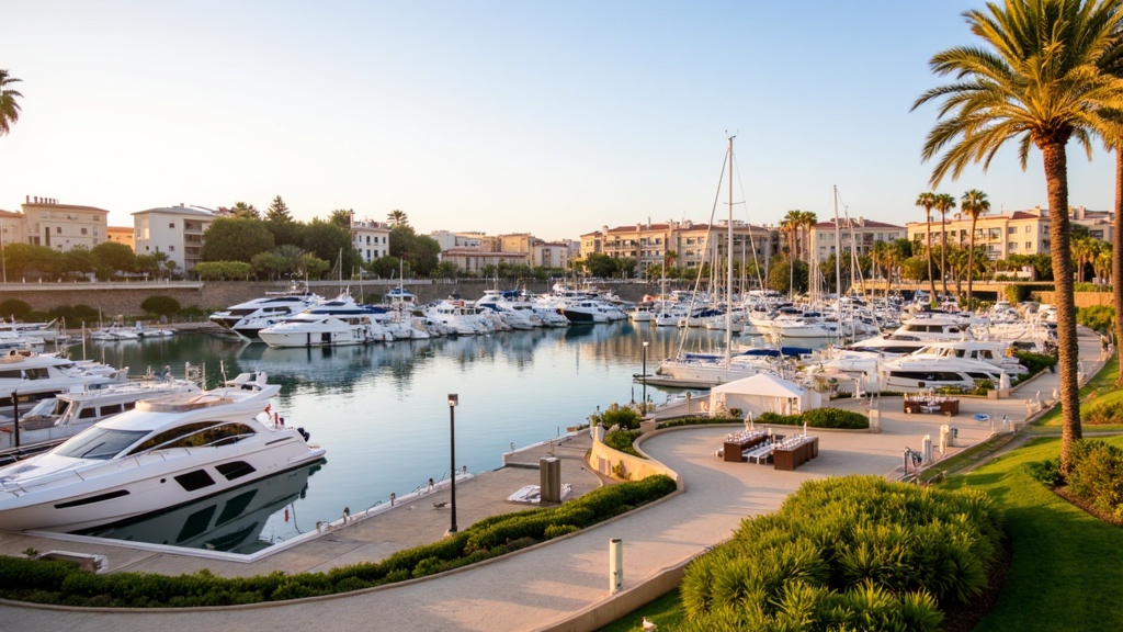 Golden-hour photograph of the Sotogrande marina on the Costa del Sol, upscale low-rise Mediterranean architecture, moored yachts and manicured greenery.