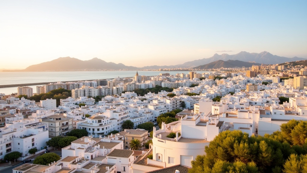 Golden-hour photograph of a sweeping Costa del Sol panorama of white coastal towns and the Mediterranean sea.
