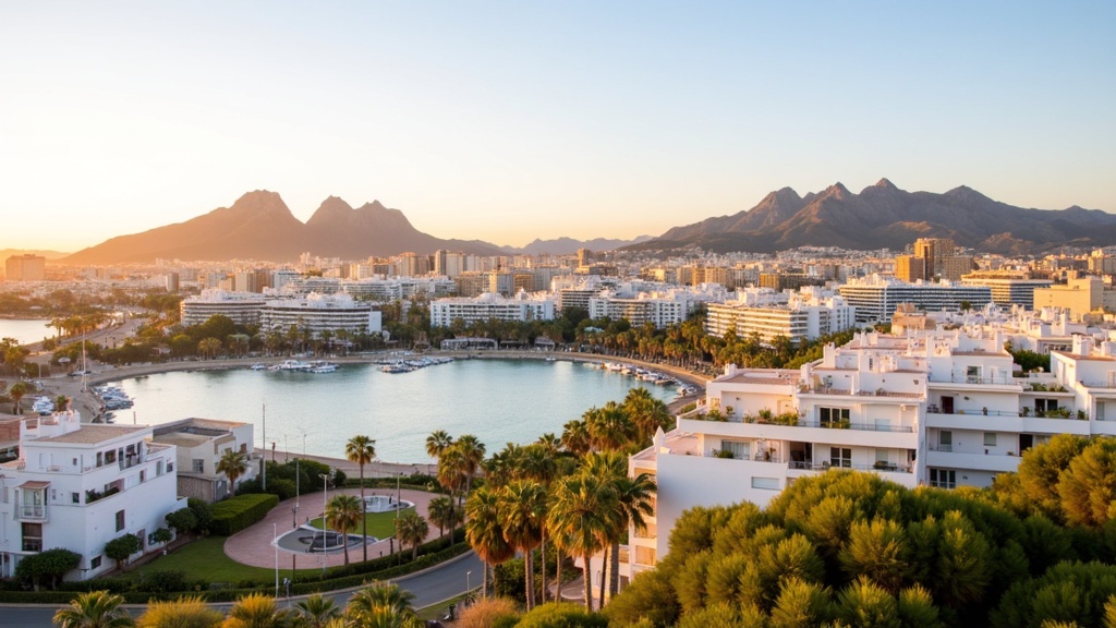 Golden-hour photograph of Marbella with La Concha mountain, the Golden Mile and marina, white low-rise buildings and palms.