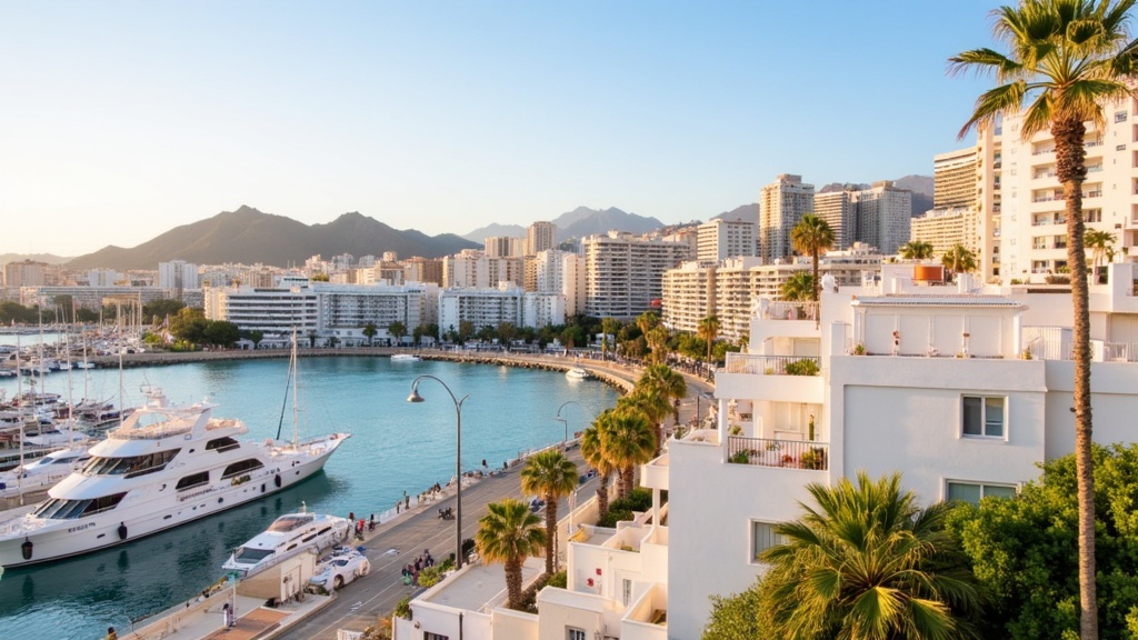 Golden-hour photograph of Benalmadena Puerto Marina on the Costa del Sol, whitewashed marina architecture and palm trees over turquoise water.
